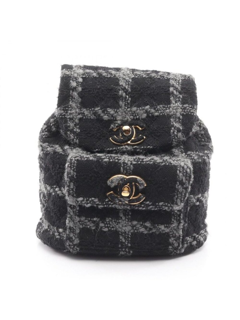 Chanel Backpack CC Logo Black Gray Wool Quilted Chain